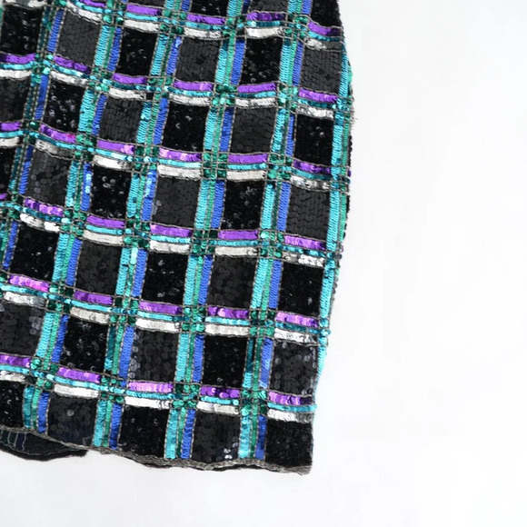 Leslie Fay Black w Purple Teal Sequin Evenings Short Sleeve Shift  Midi Dress 8 - Picture 6 of 13